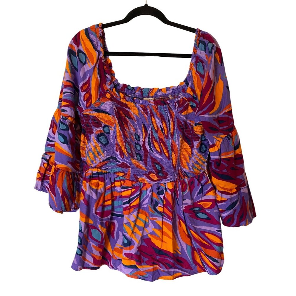 NWT Terra & Sky Womens Smocked Peasant Top Multi-Color 3/4 Sleeve 1X